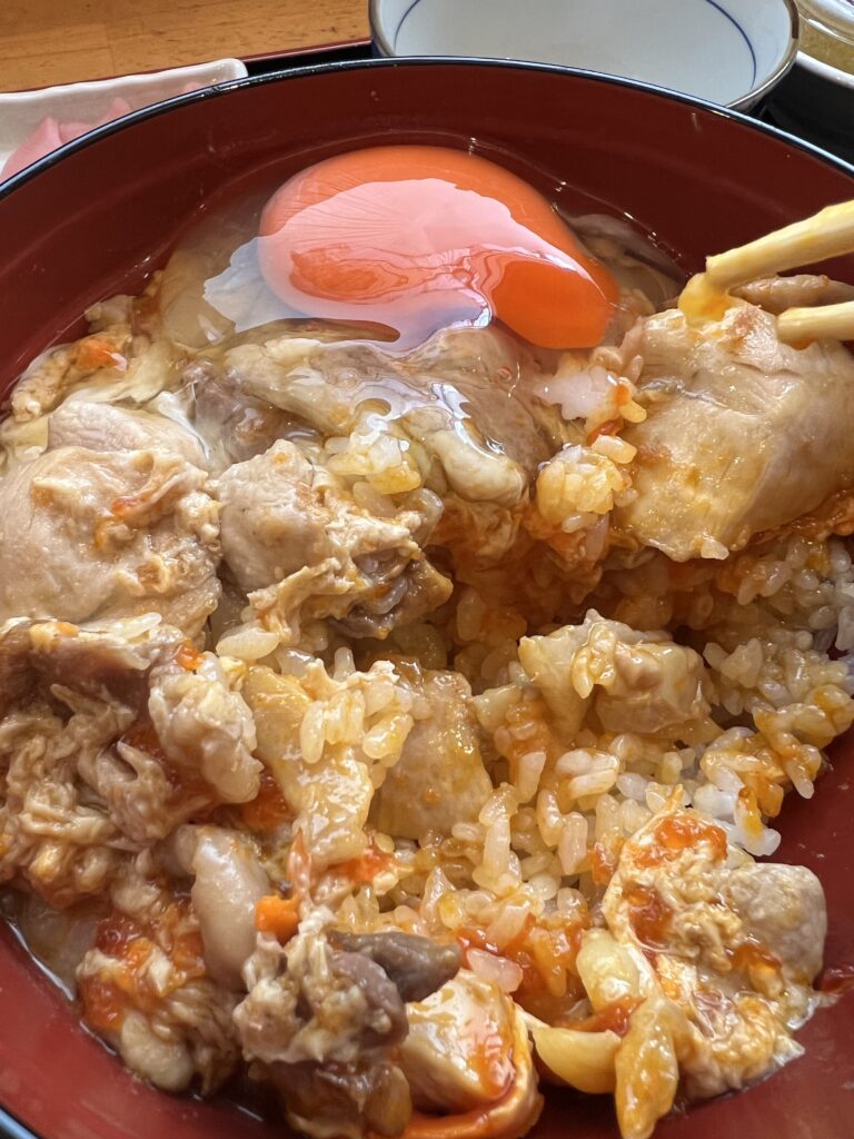 Oyakodon (a bowl of rice with chicken, egg) is the most recommended.