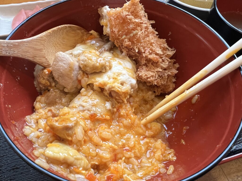 Oyakodon (a bowl of rice with chicken, egg) is the most recommended.